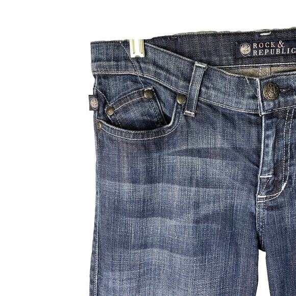 Rock & Republic Jeans Womens 29 Kasandra Flare Denim Diamonds Bling Dark Wash - Picture 4 of 10